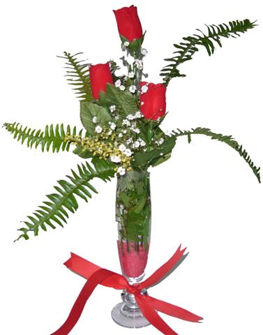  3 adet kirmizi g�l ve cam tanzim