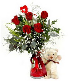  Ulus Ankara ucuz �i�ek g�nder  5 adet kirmizi g�l ve pelus ayicik kalp �ubuk