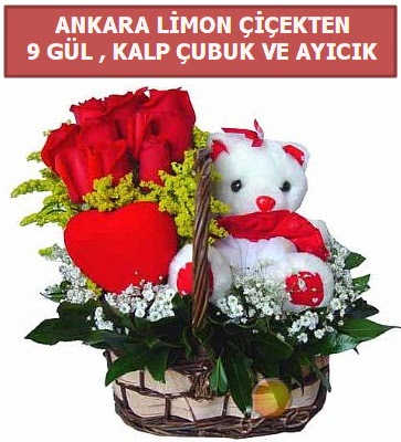 Kalp �ubuk sepette 9 g�l ve ay�c�k  