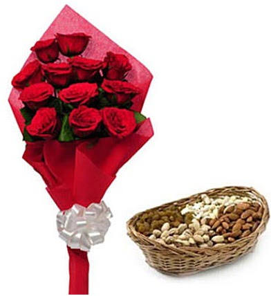 11 adet k�rm�z� g�l ve sepette kuruyemi�  Ulus Ankara hediye sevgilime hediye �i�ek 