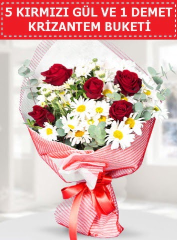 5 adet k�rm�z� g�l ve krizantem buketi 