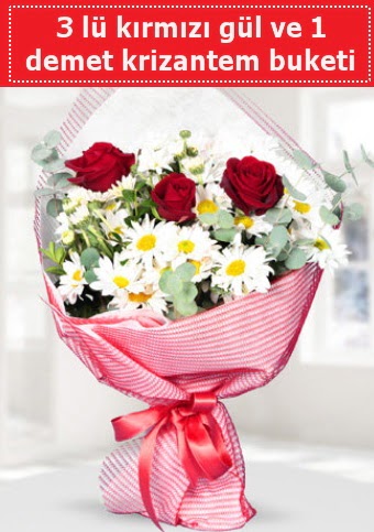 3 adet k�rm�z� g�l ve krizantem buketi 