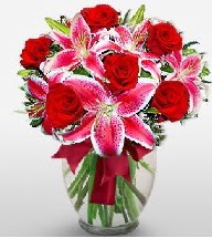 Vazoda 7 adet k�rm�z� g�l ve 2 adet kazablanka
